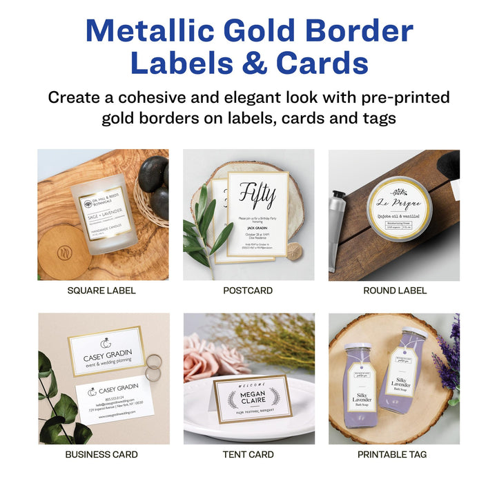 Avery Matte White Labels with Metallic Gold Borders, 3" x 3" Square Labels, 60 Total, Laser/Inkjet Printable Labels (6542) 3" x 3" 60 labels White/Gold