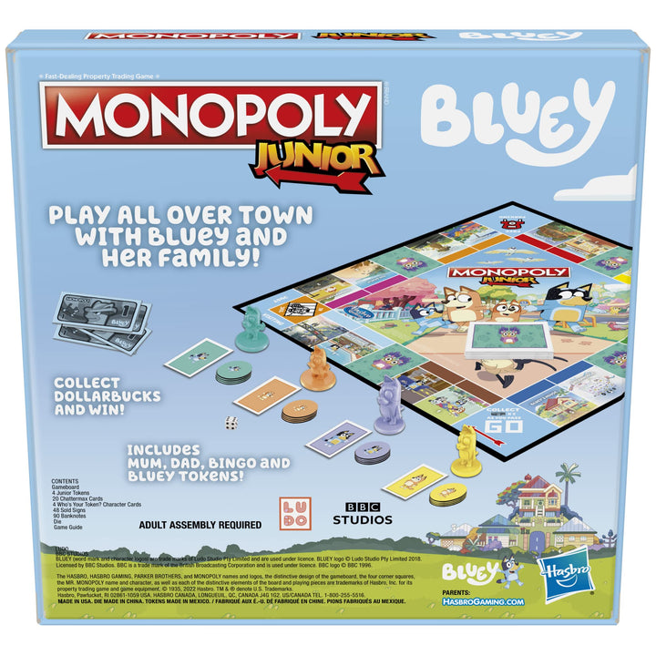 Hasbro Gaming Monopoly Junior: Bluey Edition Board Game for Kids Ages 5+, Play as Bluey, Bingo, Mum, and Dad, Features Artwork from The Animated Series (Exclusive)