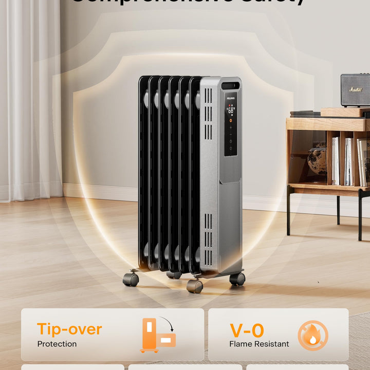 PELONIS Oil Filled Radiator, Electric Space Heater for Indoor Use Large Room with Thermostat & Remote, 3 Modes & 3 Heat Settings, ECO Mode, 24H Timer, Quiet, Overheat & Tip-Over Protection, 1500W Premium with LED Display Black