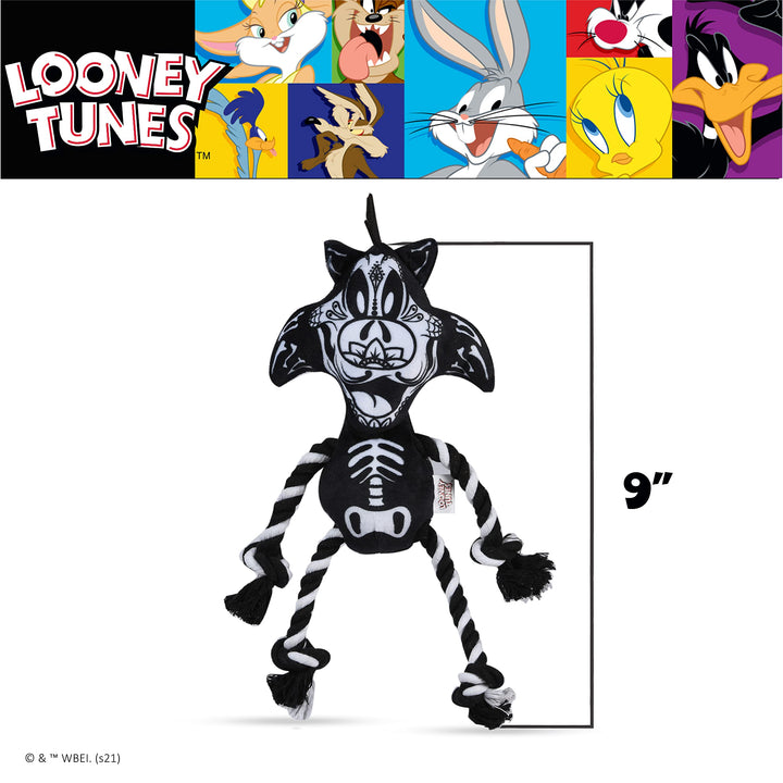 Looney Tunes for Pets Sylvester The Cat Halloween Skeleton Rope Pull Dog Toy | Sylvester The Cat Squeaky Dog Toy | Plush Fabric Dog Chew Toy Rope Toy for Dogs, 9 Inch (FF16974) Sylvester Skeleton