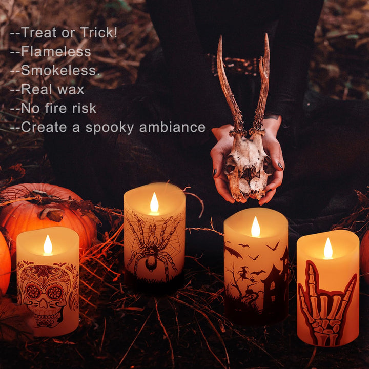 Halloween Flameless LED Candles with Remote Control, 3"x 5"Battery Operated Pillar Real Wax with Timer for Halloween Decorations, Skeletal Hands Candle 3"x5" Skeletal Hands