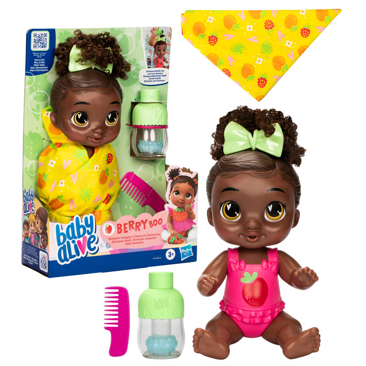 Baby Alive Shampoo Snuggle Berry Boo Black Hair 11 Inch Water Baby Doll Playset, Toys for 3 Year Old Girls & Boys & Up