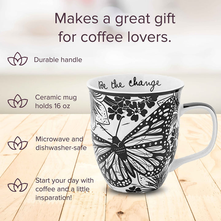 Karma Gifts 16 oz Black and White Boho Mug Butterfly - Cute Coffee and Tea Mug - Ceramic Coffee Mugs for Women and Men 1 Count (Pack of 1)