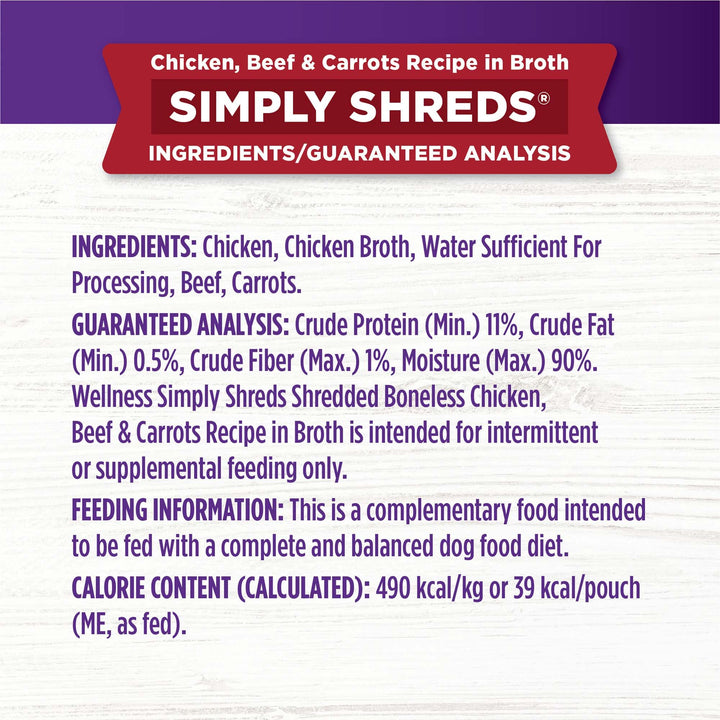 Wellness Bowl Boosters Simply Shreds Natural Grain Free Wet Dog Food Mixer or Topper, Tuna, Beef & Carrots, 2.8-Ounce Pouch (Pack of 12) 2.8 Ounce (Pack of 12)