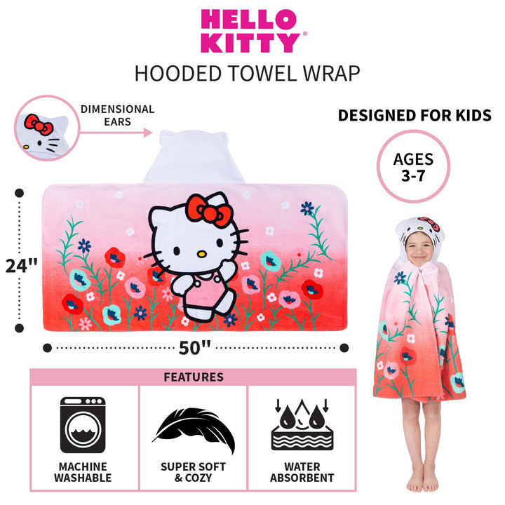 Hello Kitty Bath/Pool/Beach Soft Cotton Terry Hooded Towel Wrap, 24 in x 50 in, By Franco Kids Hello Kitty