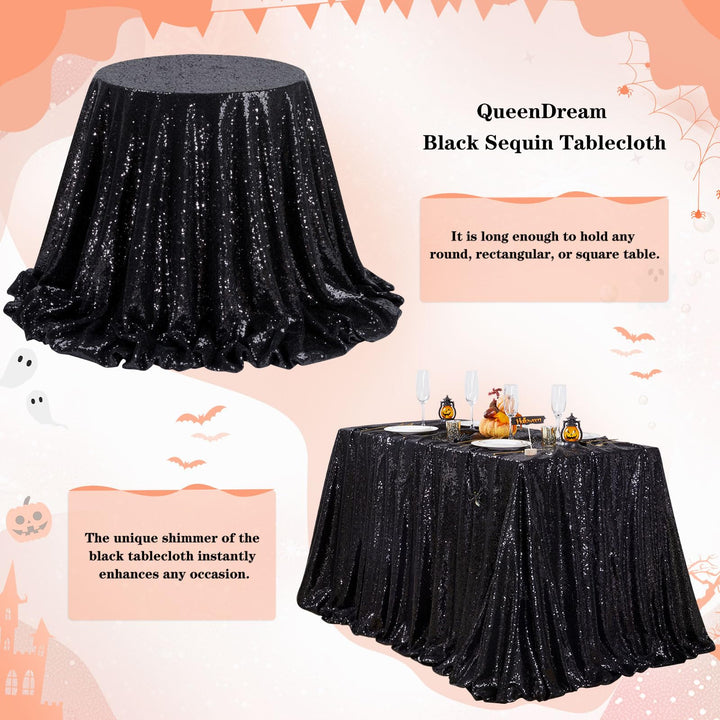 QueenDream Seamless Sequin Tablecloth 90x132 Inch Black Rectangular Tablecloth for Christmas Wedding Birthday Halloween 90 x 132 inch