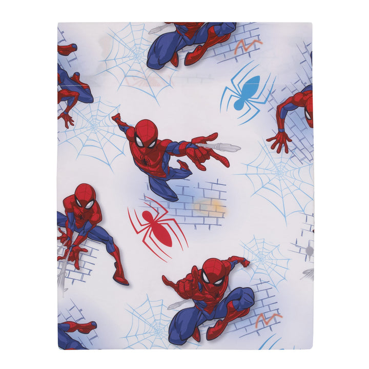 Marvel Spiderman Wall Crawler Red, White, and Blue Spider Webs 4 Piece Toddler Bed Set - Comforter, Fitted Bottom Sheet, Flat Top Sheet, and Reversible Pillowcase Marvel Spiderman