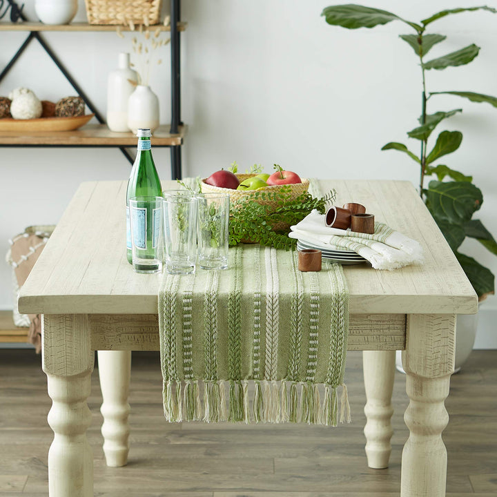 DII Farmhouse Braided Stripe Table Runner Collection, 15x108 (15x113, Fringe Included), Antique Green