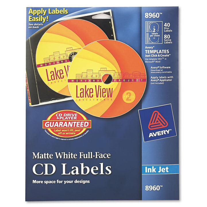 Avery CD Labels, Print to The Edge, Permanent Adhesive, Matte, 40 Disc Labels and 80 Spine Labels (8960)