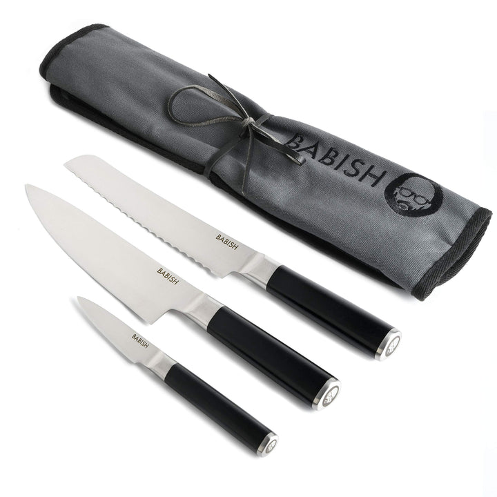 Babish German High-Carbon 1.4116 Steel Cutlery, 3-Piece (Chef Knife, Bread Knife, & Pairing Knife) w/Kitchen Knife Roll