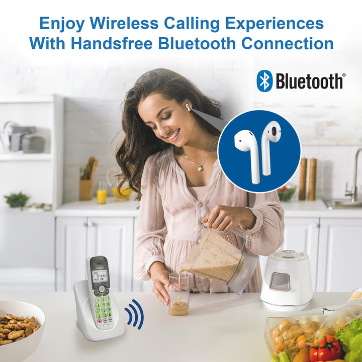 [New] VTech VG131 DECT 6.0 Cordless Phone - Bluetooth Connection, Blue-White Display, Big Buttons, Full Duplex Speakerphone, Caller ID,Easy Wall Mount, 1000ft Range (White/Grey) Caller ID + Bluetooth White