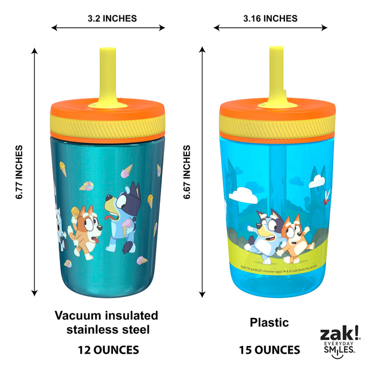 Zak Designs Bluey Kelso Tumbler Set, 15 fl.oz. Leak-Proof Screw-On Lid with Straw, Bundle for Kids Includes Plastic and Stainless Steel Cups with Bonus Sipper, 3pc Set, Non-BPA Classic