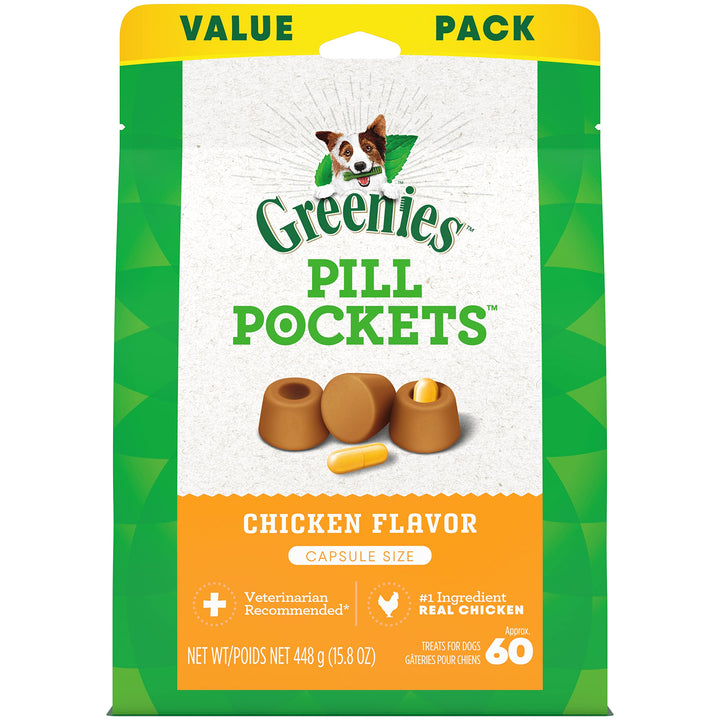 Greenies Pill Pockets for Dogs Capsule Size Natural Soft Dog Treats Chicken Flavor, 15.8 oz. Pack (60 Treats) 60 Count (Pack of 1)