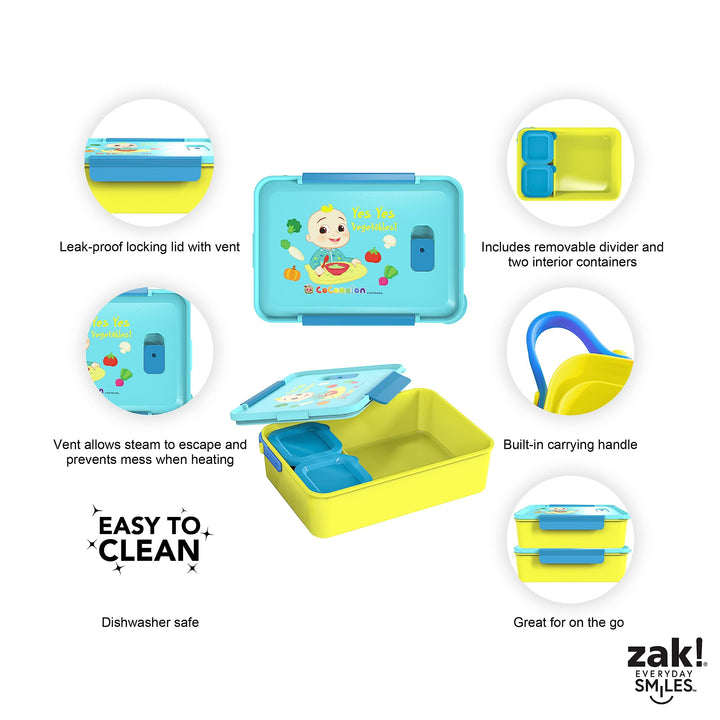 Zak Designs CoComelon Reusable Plastic Bento Box with Leak-Proof Seal, Carrying Handle, Microwave Steam Vent, and Individual Containers for Kids' Packed Lunch (3-Piece Set)