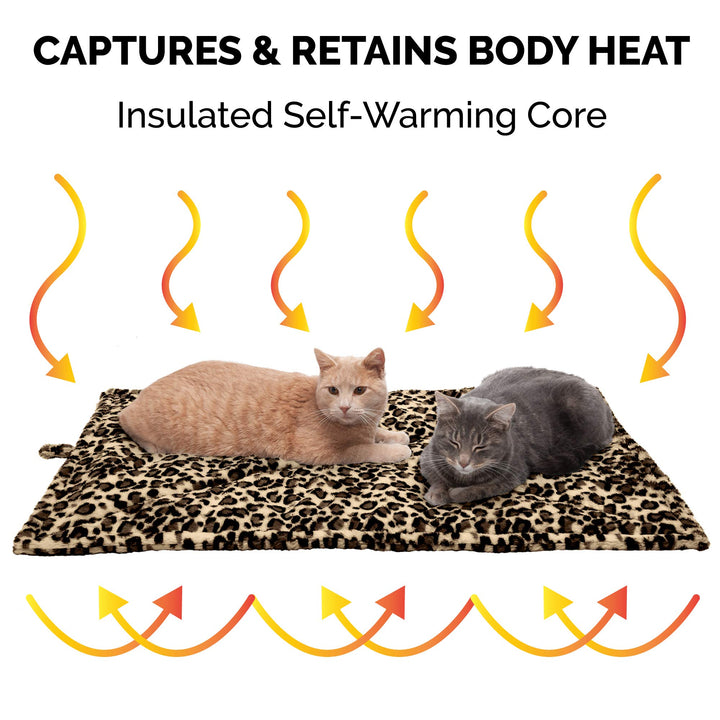 Furhaven ThermaNAP Self-Warming Cat Bed for Indoor Cats & Large/Medium Dogs, Washable & Reflects Body Heat - Quilted Faux Fur Reflective Bed Mat - Leopard, Large ThermaNAP Pad - Quilted Faux Fur (Leopard) 36.0"L x 24.0"W x 0.3"Th Self-Warming Only