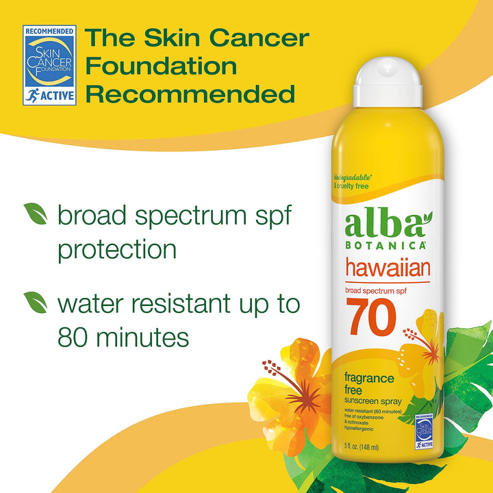 Alba Botanica Sunscreen Spray for Face and Body, Broad Spectrum SPF 70 Sunscreen, Hawaiian Coconut, Water Resistant and Biodegradable, 5 fl. oz. Bottle