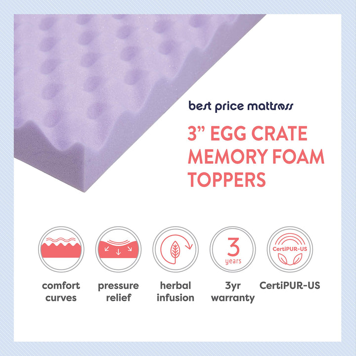 Best Price Mattress 3 Inch Egg Crate Memory Foam Mattress Topper with Soothing Lavender Infusion, CertiPUR-US Certified, Short Queen