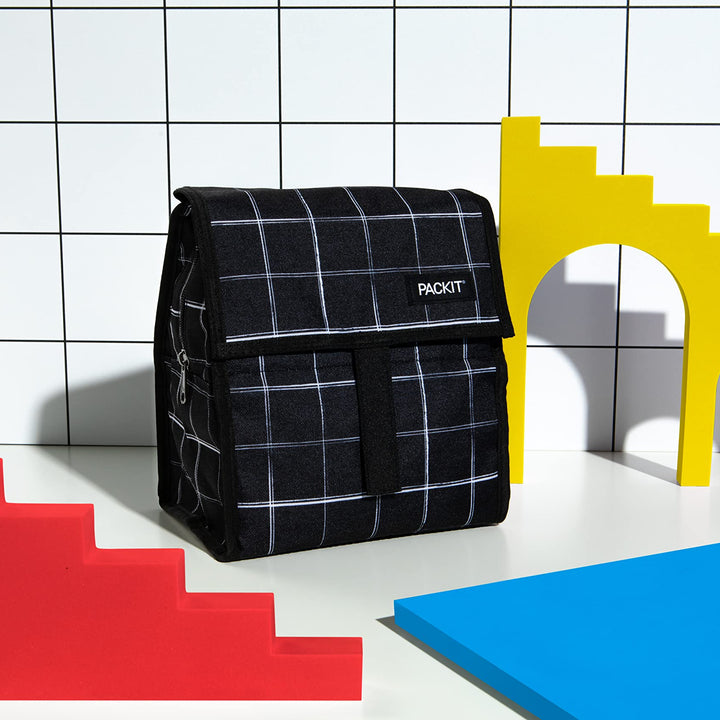 PackIt® Freezable Lunch Bag, Black Grid, Built with EcoFreeze® Technology, Foldable, Reusable, Zip and Velcro Closure with Buckle Handle, Perfect for Lunches Large