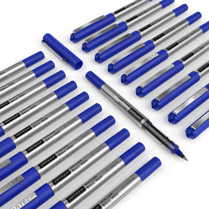 ARTEZA Rollerball Pens, Pack of 20, 0.5mm Blue Liquid Ink Pens for Bullet Journaling, Fine Point Rollerball, Office Supplies for Writing, Taking Notes & Sketching 20 Pack - 0.5 mm