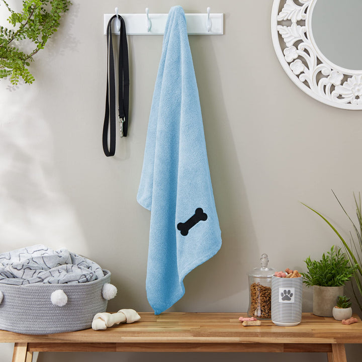 Bone Dry Pet Grooming Towel Collection Absorbent Microfiber X-Large, 41x23.5", Embroidered Blue 41x23.5"