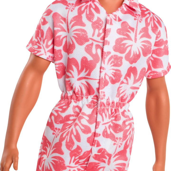 Barbie Fashionistas Ken Doll #235 with Braided Brown Hair, Wearing Coral Jumpsuit with Hawaiian Print and Green Sandals