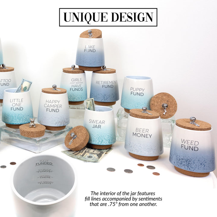 Pavilion - Lake Fund 6.5-inch Unique Ceramic Piggy Bank Savings Bank Money Jar with Cork Base Cork Lid with Hanging Anchor Charm, Ombre Blue 78600