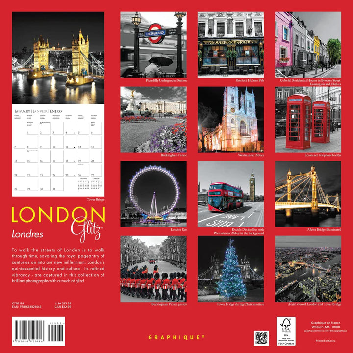 Graphique 2024 London Glitz Wall Calendar | 12” x 12” | Thick Paper | Home & Office Organizer | Large Monthly Grid | 3 Languages & Marked Holidays | 4 Month Preview Page for 2025