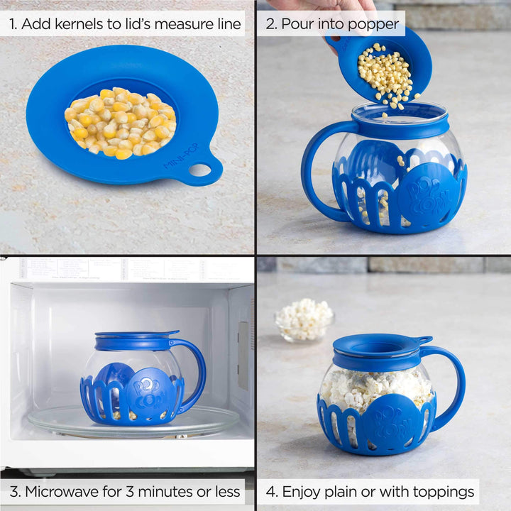 Ecolution Patented Micro-Pop Microwave Popcorn Popper with Temperature Safe Glass, 3-in-1 Lid Measures Kernels and Melts Butter, Made Without BPA, Dishwasher Safe, 1.5-Quart, Blue