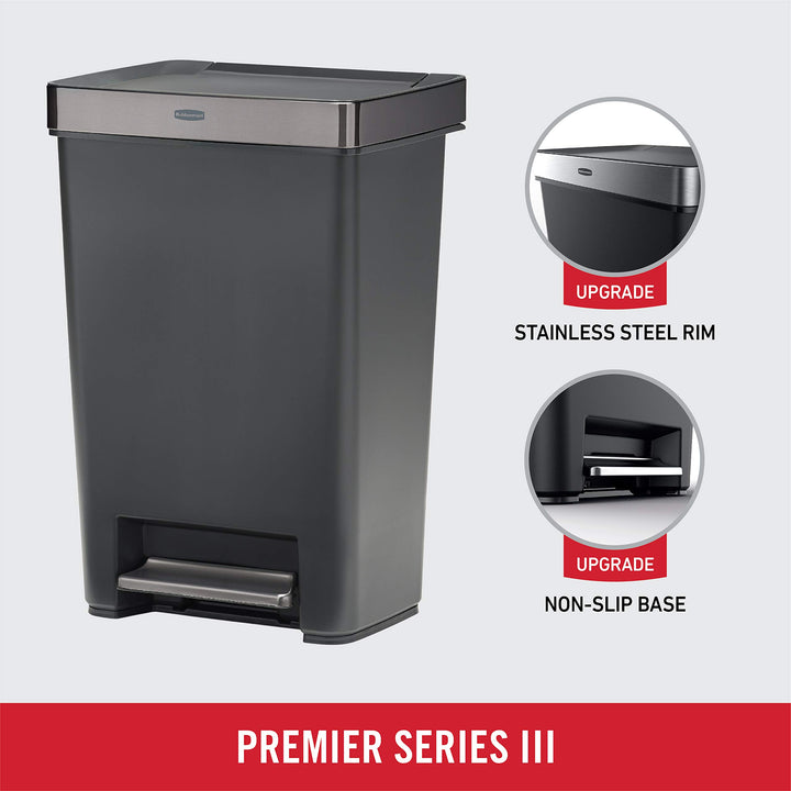 Rubbermaid Premier Series II Step-on Trash Can for Home and Kitchen, with Lid Lock and Slow Close, 13 Gallon, Charcoal, for Home/Kitchen/Hotel/Lobby/Office 13G - Classic Plastic