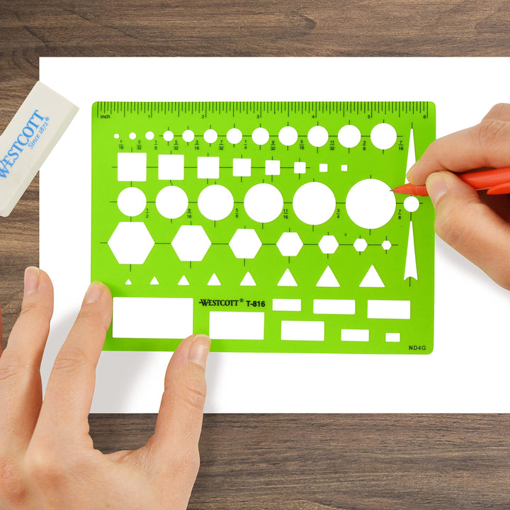 Westcott T-816 All-Purpose Technical Drawing Template, Plastic Shape Template Tool, Green, 4.5 by 6 In