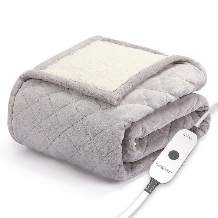 Sunbeam Quilted Royal Posh Velvet Reverse Sherpa Heated Throw Electric Blanket, 50" x 60", 4 Heat Settings, 4-Hour Auto Shut-Off, Warming Cozy Throw for Couch, Sofa or Bed, Machine Washable, Olive Olive Quilted