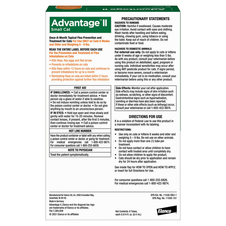 Advantage II Small Cat Vet-Recommended Flea Treatment & Prevention | Cats 5-9 lbs. | 6-Month Supply 6 Pack Small Cat only