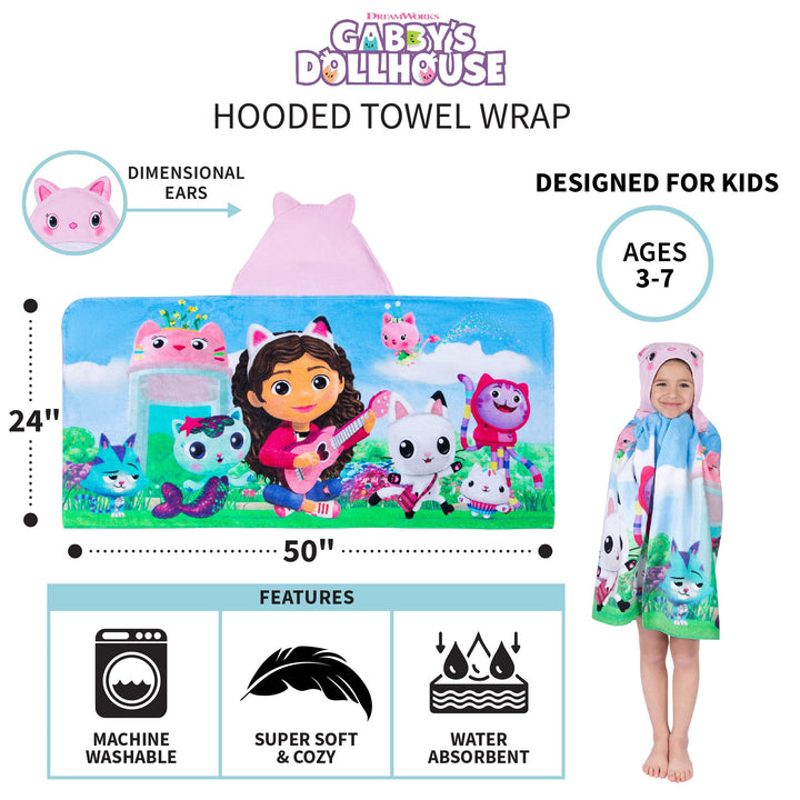 DreamWorks Gabby's Dollhouse Bath/Pool/Beach Soft Cotton Terry Hooded Towel Wrap, 24 in x 50 in, By Franco Kids Assorted