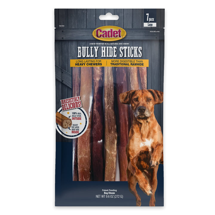 Cadet Bully Hide Sticks for Dogs - All-Natural Bully Stick & Beef Hide Dog Chews - Long Lasting Bully Sticks Alternative Made with 2 Ingredients - Dog Chews for Aggressive Chewers, Large (7 Count) 7 Count