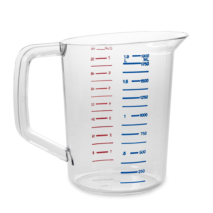 Rubbermaid Commercial Products Bouncer Clear Measuring Cup, 8-Cup/2-Quart, Clear, Strong Food Grade, For use with -40-degree F to 212-degree F, Easy Read for Liquid/Dry Ingredients while Cooking 2 Qt