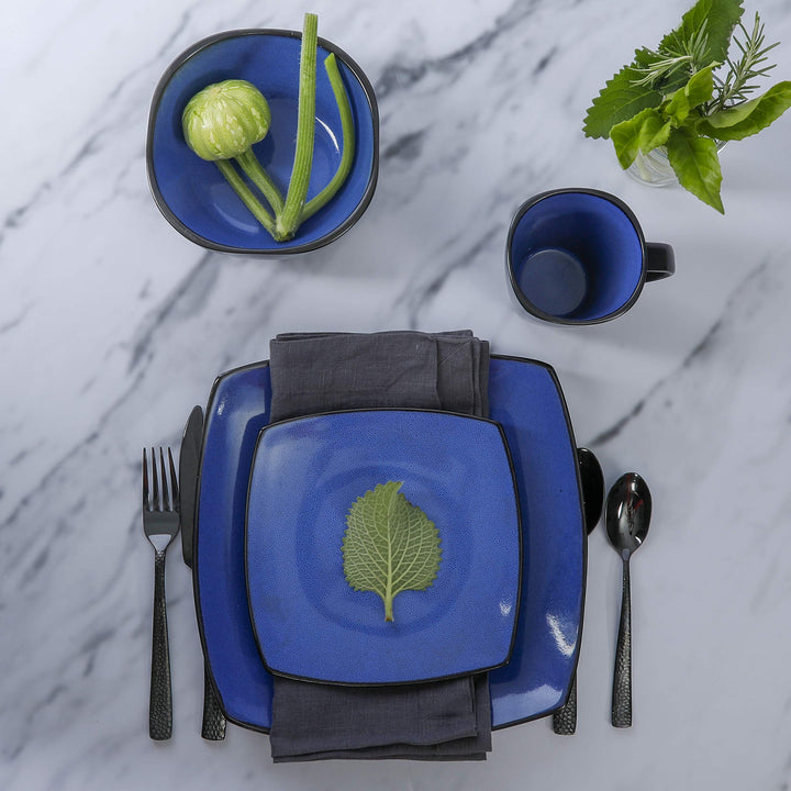 Gibson Soho Lounge Square Reactive Glaze Stoneware Dinnerware Set, Service for 4 (16pc), Sapphire Service for 4 (16pcs)