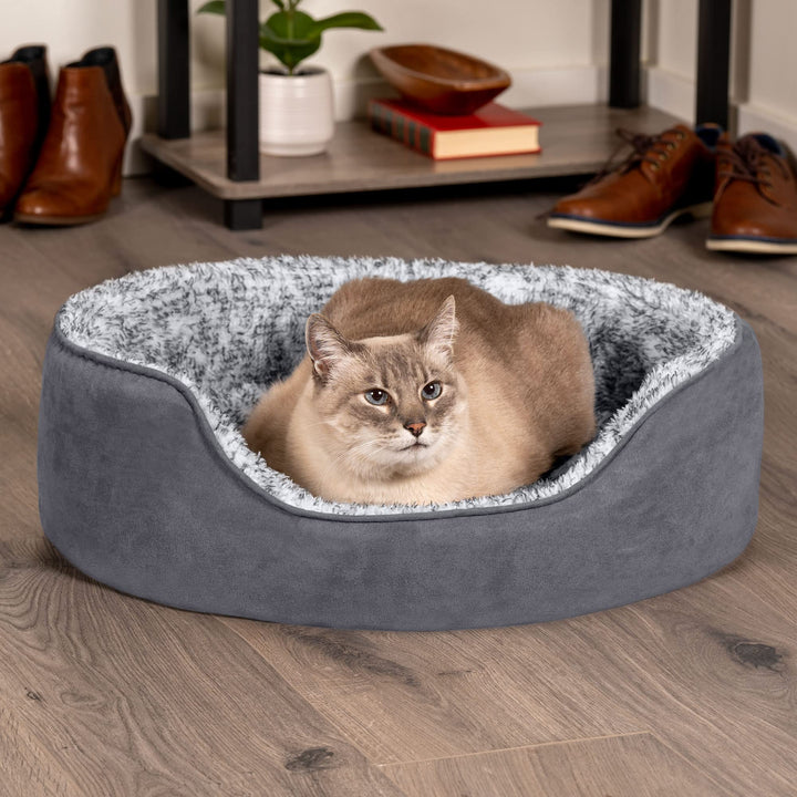 Furhaven Dog Bed for Small Dogs w/ Removable Washable Cover & Pillow Cushion Insert, For Dogs Up to 12 lbs - Two-Tone Faux Fur & Suede Oval Lounger - Gray, Small Oval (Fiber-Filled Base) 19.0"L x 15.0"W x 5.5"Th Two Tone Gray