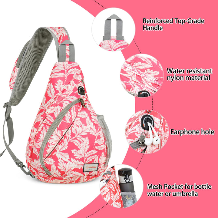 ZOMAKE Sling Bag for Women Men:Small Crossbody Sling Backpack - Mini Water Resistant Shoulder Bag Anti Thief Chest Bag Daypack for Travel Hiking Outdoor Sports (Fushcia White Leaf) Large Fushcia White Leaf