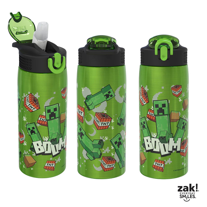 Zak Designs Minecraft Water Bottle for Travel and At Home, 19 oz Vacuum Insulated Stainless Steel with Locking Spout Cover, Built-In Carrying Loop, Leak-Proof Design (Creeper)