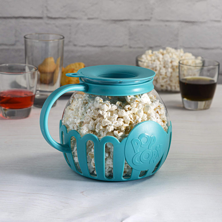 Ecolution Patented Micro-Pop Microwave Popcorn Popper with Temperature Safe Glass, 3-in-1 Lid Measures Kernels and Melts Butter, Made Without BPA, Dishwasher Safe, 3-Quart, Teal 3-Quart Family Size