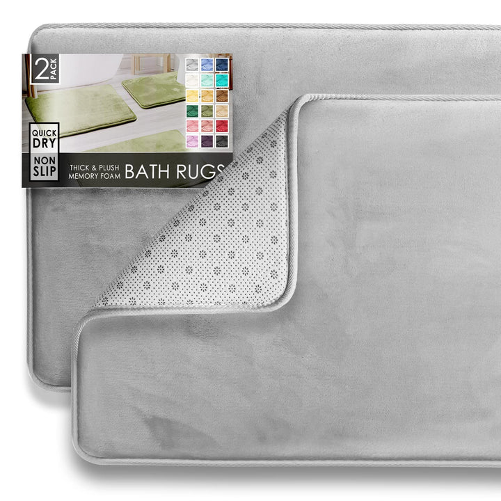 Clara Clark 2 Piece Bathroom Rugs Bath Mat Set, Velvet Memory Foam Bath Mats for Bathroom - Non-Slip, PVC Backing Bath Rugs, Washable Bathroom Rug Mats - Dries Quickly, Bathroom Rug Set - Silver Solid 2 Piece Set