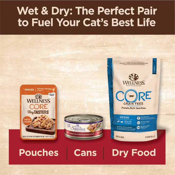 Wellness CORE Tiny Tasters Wet Cat Food, Complete & Balanced Natural Pet Food, Made with Real Meat, 1.75-Ounce Pouch, 12 Pack (Adult Cat, Minced Chicken & Beef in Gravy) 1.75 Ounce (Pack of 12)