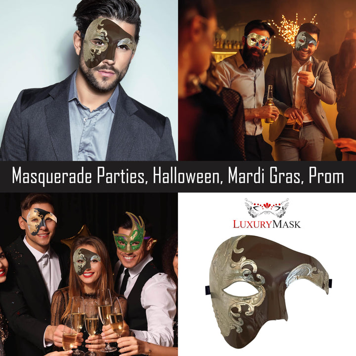 Masquerade Mask For Men Phantom Of The Opera Mask Prom Mardi Gras Haloween Venetian Half Face Mask Mocha/Silver One Size