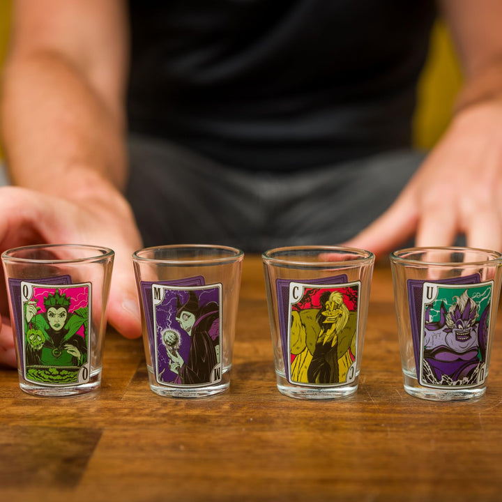 Silver Buffalo Disney Villain Cards Mini Glasses 4 Pack Featuring Cruella De Vil, Ursula, The Evil Queen and Maleficent, 1.5 Ounces Villains Cards