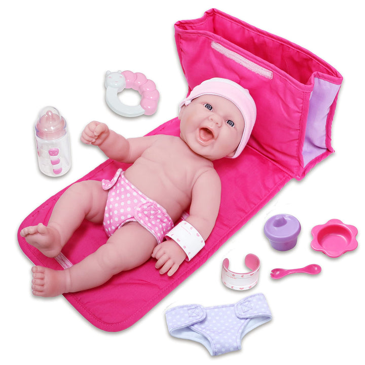 10 Piece Deluxe Diaper Bag Gift Set | Feat. 13" Realistic Smiling Baby Newborn Doll | La Newborn - JC Toys | All Vinyl | Washable | Ages 2+, Pink Pink Diaper Changing