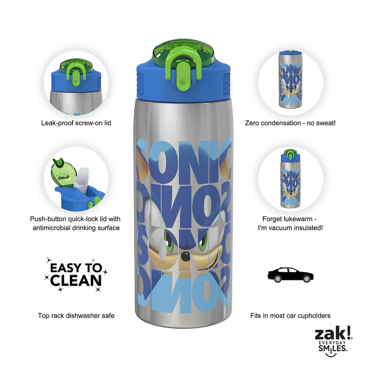 Zak Designs Sonic the Hedgehog Water Bottle for Travel and At Home, 19 oz Vacuum Insulated Stainless Steel with Locking Spout Cover, Built-In Carrying Loop, Leak-Proof Design (Sonic)