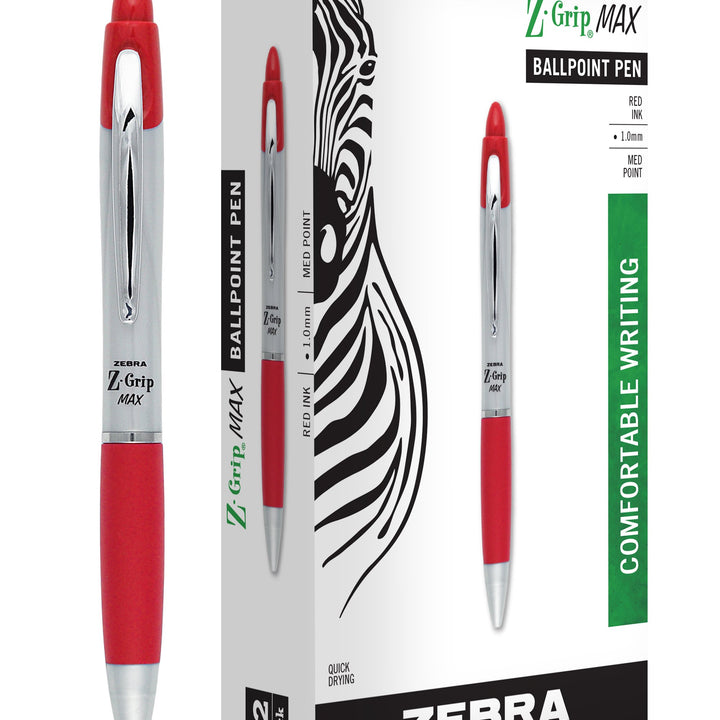 Zebra Z-Grip MAX Ballpoint Pen, Retractable, Medium 1 mm, Red Ink, Silver Barrel, 12/Pack