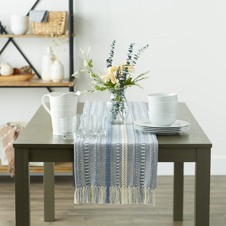 DII Farmhouse Braided Stripe Table Runner Collection, 15x108 (15x113, Fringe Included), Stonewash Blue 15x108" (15x113", Fringe Included) Striped