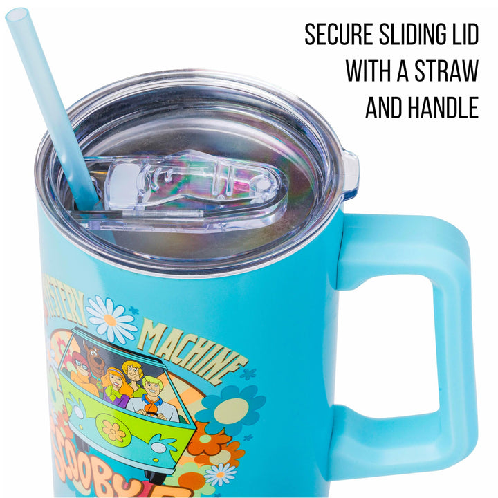 Silver Buffalo Scooby Doo Mystery Machine Featuring Shaggy, Velma, Fred and Daphne Stainless Steel Tumbler with Handle and Straw, Fits in Standard Cup Holder, 40 Ounces Azul Blue/Multi