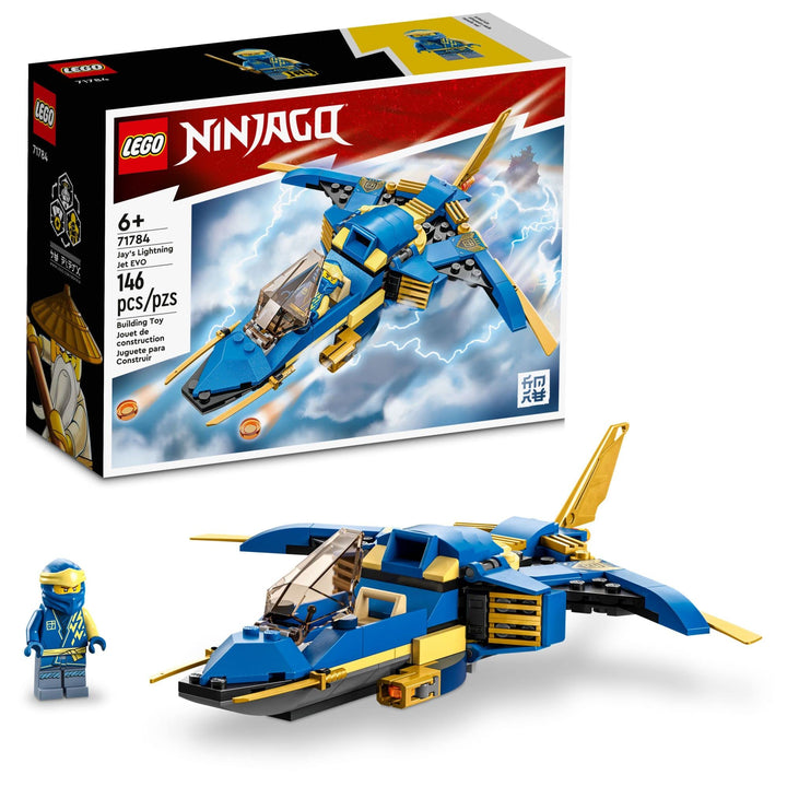 LEGO NINJAGO Jay’s Lightning Jet EVO 71784, Upgradable Toy Plane, Ninja Airplane Building Set, Collectible Birthday Gift Idea for Grandchildren, Kids, Boys and Girls Ages 7 and Up Blue,golden